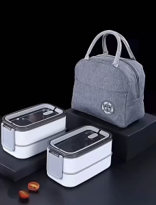 Portable insulated lunch box made of 304 stainless steel leak proof double-layer and triple partition