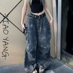 Loose Pocket Jeans Womens Cargo Workwear Camouflage American Style 2025 Autumn Winter High Waist Straight Leg Casual Pants