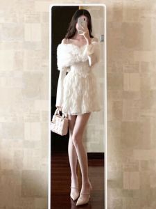 CHANGTONG | Elegant Sophisticated Stylish Korean-Style Faux Fur Cover-Up and Tube Dress Set