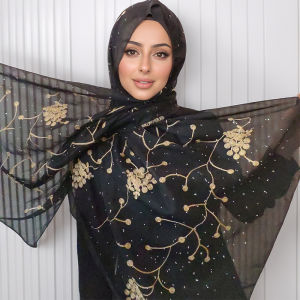 Jifang Gold Embroidery Flower Floral Hot Drilling Rhinestones Silk Feel Chiffon Shawl Pashmina Head Wraps Scarf Muslim Hijabs Shawls PW25