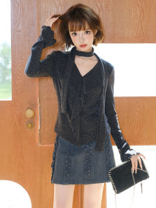 MIUCO | Áo Knit V-neck Dây Rút Nơ Viền Xếp Ly Chấm Bi