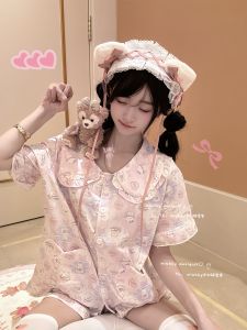 Miubby ชุดนอนแขนสั้นลายการ์ตูนน่ารัก คอตุ๊กตา ชุดนอนผู้หญิง ชุดนอนฤดูร้อน ชุดนอนผ้าโพลีเอสเตอร์ ชุดนอนผู้หญิง