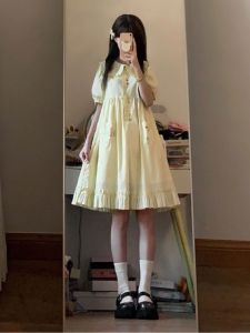 CHANGTONG | Miu Miu Style College Girl Doll Collar Dress Women Summer Loose Slimming Doll Skirt Bubble Sleeve Pure Color A-Line Midi Dress