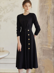 Roey s house | Elegant Commuting Slim Fit Black Knit Dress with Flared Skirt