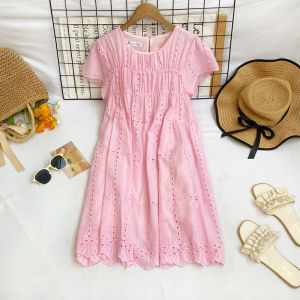 Chic Heavy Embroidery Hollow out round Neck Bubble Sleeve Loose Slim A-Line Doll Skirt Dress Short Womens Fashion Commute