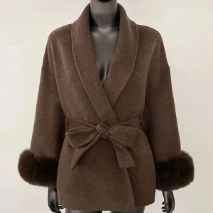 Áo Khoác Lông Thú Thật Mùa Thu Đông Nữ Cổ Lông Cáo Tự Nhiên Dày Dặn Ấm Áp Chất Liệu Len Cashmere Pha Kiểu Dáng Thường Ngày