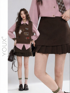 YOUXIANG | Chân Váy Ngắn Màu Nâu Phong Cách Retro