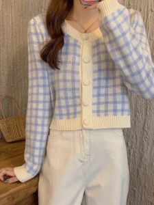 Chic Plaid Short Sleeve Womens Knitted Sweater Jacket Spring Autumn Open Cardigan Korean Style Long Sleeve Fashionable Top