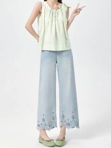 La Chapelle | Quần Jeans eo cao mỏng có thêu ren 9 phần
