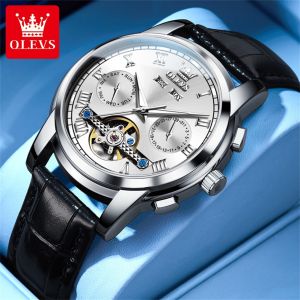OLEVS  Automatic Watch 2024 New Original Tourbillon Waterproof Luminous Chronograph Dual Calendar Dial Fashion Casual Leather Genuine Men Watch