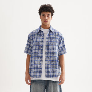 Fashionable Retro Plaid Shirt Loose Fit Casual Short Sleeve for All Seasons Urban Style Cotton Polyester Blend Shirt
