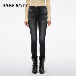 Miss Sixty High Waist Three Ring Denim Jeans Womens Tight Fit Black Grey Pencil Pants Casual Style Cotton Polyester Blend