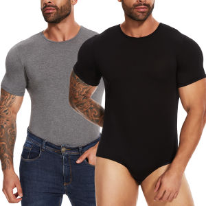 Short Sleeve Full Body Shaper Mens Tummy Control Briefs Bodysuit Butt Lifter Male Crew Neck Top Romper Pajamas Undershirts New