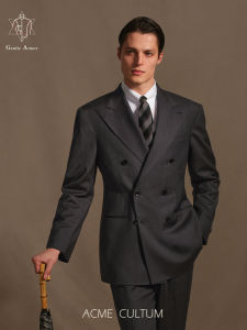 Wide Shoulders Double Breasted Herringbone 120S Wool Suit for Men
