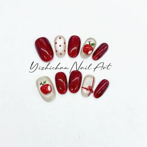 Red Polka Dot Cat Eye Nail Art Stickers Handmade Wearable Oval White Contrast New Years Beauty Nail Tips Chinese Brand