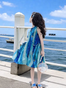 Girls Tie Dye Dress Summer New Style Childrens Oil Painting Vest Skirt Beach Holiday Dress High Waist Cotton Blend Machine Washable