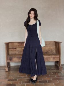 seemon | Elegant and Stylish Commuter Korean Style Blue Square Neck Flare Sleeve Long Dress