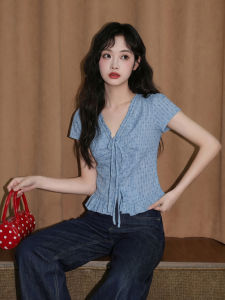 ZISUO | Blue Polka Dot V-Neck Short Sleeve Ruffled Tie-Up Blouse