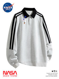 เสื้อโปโลคอปกเสื้อสเวตเตอร์แขนยาวฤดูใบไม้ร่วง/ฤดูหนาวสำหรับผู้ชาย WASSUP PANDA ลายทาง ทรงหลวม ไม่ต้องรีด ผ้าโพลีเอสเตอร์