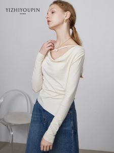 Gentle Elegant Design Drape Wrinkle Stomach-Covering Body-Shaping Womens T-Shirt