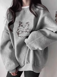 Áo Nỉ Cổ Tròn Dày Lót Lông Cừu Rộng Rãi Cho Nữ Mùa Thu Đông Phong Cách Hàn Quốc Thường Ngày Thoải Mái Áo Nỉ