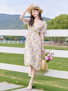 XIANGYING | Đầm Maxi Tím Dây Nơ Buộc Eo Tay Bồng