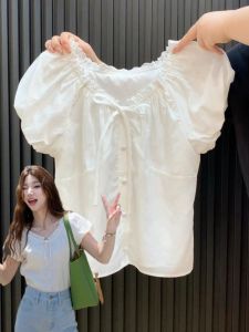 White Lace Trim Bubble Sleeve Shirt Womens New 2025 Summer Unique Beautiful Single Wear Short Shirt Loose Fit round Neck