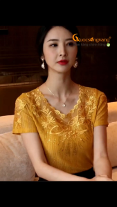 Áo thun nữ kiểu màu vàng áo thun thêu đính đá GLA263 Cuocsongvang