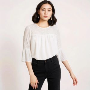 Black and White 3/4 Flare Sleeve Chiffon Shirt Patchwork Printed Mesh Tops Western Style Classy Summer European Shirt Women