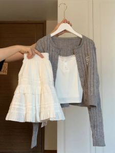 Bộ Đồ Ba Mảnh Dệt Kim Thời Trang Xuân Cho Nữ Bộ Váy Midi Cổ Chữ V Tay Lửng Phong Cách Hàn Quốc Bộ Đồ Ba Mảnh Giảm Tuổi