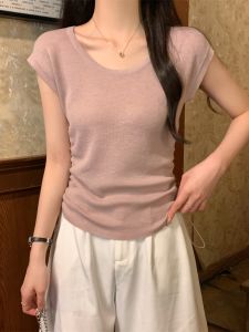 เสื้อสเวตเตอร์ถักผ้าขนสัตว์หลวมคอวีแขนสั้นสำหรับผู้หญิงฤดูใบไม้ผลิและฤดูร้อน 2025 สไตล์เกาหลีใหม่