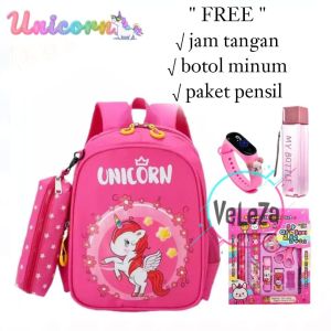 Tas sekolah anak perempuan motif unicorn gratis botol minum jam tangan paket pensil tas sekolah anak SD tas ransel