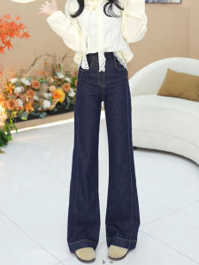 กางเกงยีนส์ทรงตรงสีน้ำเงินเดนิมสำหรับผู้หญิง ทรงเข้ารูป ทรงสลิม ทรงยาวถึงพื้น ทรงเอวสูง ทรงลำลอง ฤดูใบไม้ผลิ 2025