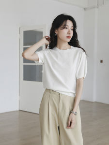 White Ice Hemp Short Sleeve Knitted Top Womens Basic round Neck T-Shirt Glitter Base Layer Spring Summer New Arrival