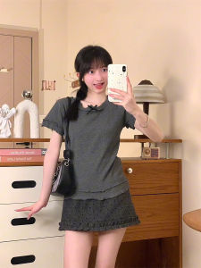 Korean Style round Neck Short Sleeve T-Shirt Womens Design Sense Wood Ear Edge Short Length Slim Fit Top Butterfly Knot Splicing Lace