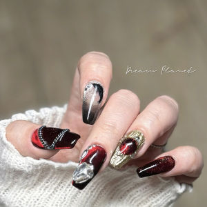 DreamPlanet Original Concept Wearable Nail Art Hand-Painted Cats Eye Gem Autumn Winter Medium-Tone Red Nail Tips for Women