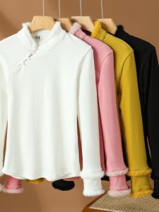 New Chinese Style National Trend Plush Patchwork Cheongsam Top Womens Autumn Winter New Retro Stand Collar Hanfu Tang Costume Inner Wear T-Shirt
