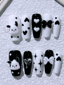 Black Cartoon Pachat Dog Handmade Wearable Nails Medium Length with Bow Design False Nails Easy to Wear No Special Removal Needed