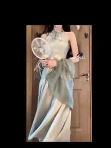 Green Wu Qing Dream New Chinese Style Elegant Gentle Printed Sleeveless Halter Cheongsam Dress Spring National Style Suit Women