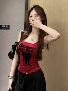 GUZILIAN | Sweet Cool Spicy Red Print Sleeveless Vest Womens Halter Fashion Ins Slim Fit Top Trendy Commute Style Animal Pattern Short Length