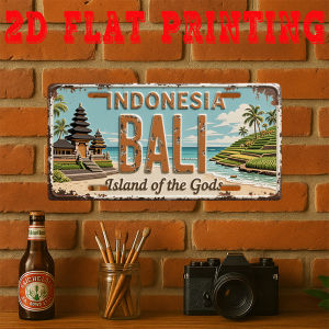 2D Flat 1pc Vintage Aluminum Sign Decorative Plaque And Signboard Bali Sign Retro Wall Art of Temples And Rice Terraces