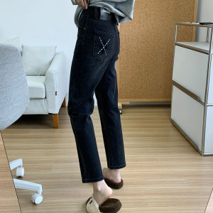 Stylish High Waist Straight Leg Denim Jeans Womens Spring 2025 New Fashion Black Grey Four Way Stretch French Bread Cigarette Pants