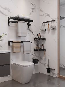 YissTiee สีดำชูดห้องน้ำชั้นวางผ้าเช็ดตัวที่วางแปรงห้องน้ำที่วางผ้าเช็ดตัวกระดาษกันน้ำและกันสนิมไม่เจาะ/ติดตั้งเจาะ