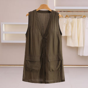 Double Pocket Single Button V Neck Loose Solid Color Vest