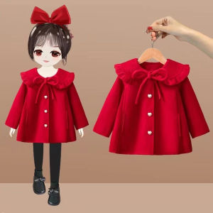เสื้อโค้ทขนสัตว์สีแดงทรงเจ้าหญิงสำหรับเด็กผู้หญิง ฤดูใบไม้ร่วง/ฤดูหนาว เสื้อโค้ทขนสัตว์ยาวปานกลาง เสื้อโค้ทขนสัตว์แฟชั่นสำหรับเด็กอายุ 2-6 ปี