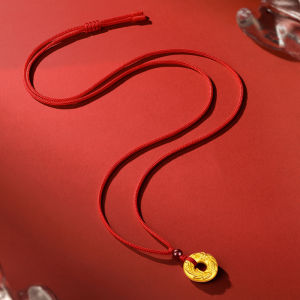 ZHOU LIU FU 周六福 24K Pure Gold Belessing Pendant Circle Peace Buckle Koi Fish Lotus Flower Gold Pendant Necklace with Garnet Bead Red Rope Necklace for Women Men(A0412894)