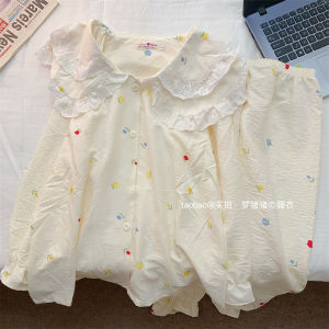 ฤดูใบไม้ผลิ ฤดูใบไม้ร่วง Cloud ผ้าฝ้าย ตุ๊กตา ปกเสื้อ แขนยาว ชุดนอน ผู้หญิง ชุดอยู่บ้าน หวาน ลายดอกไม้ทูพีซ ชุดสูท