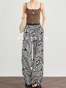 High for Taller Women Light Airy Retro Print Wide Leg Pants Linen Tencel Straight Casual Trousers