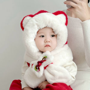 Thickened Plush Baby Hat Scarf Set Winter Warm Childrens Clothing Red Celebration Boys Girls Cute Infant Hat round Top No Brim