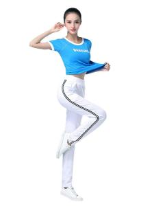 New Square Dance Fitness Sports Clothes Womens Summer Short Sleeve Top And Bottoms Set Pure Cotton Solid Color Dancewear